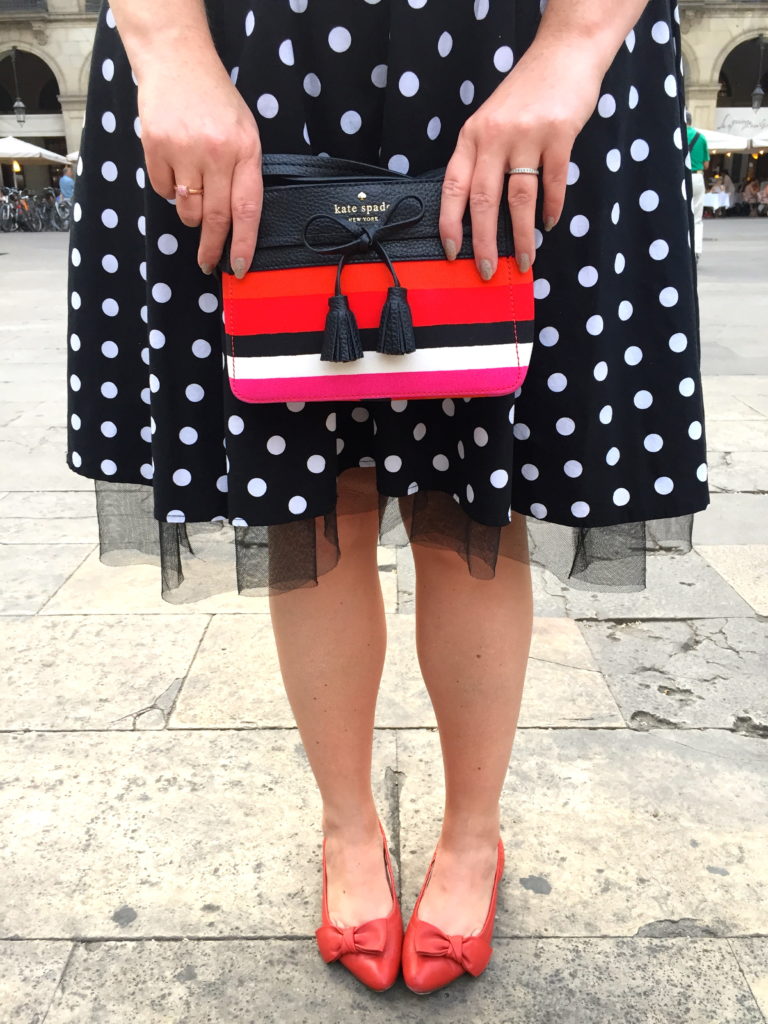 polka dot dress striped purse 
