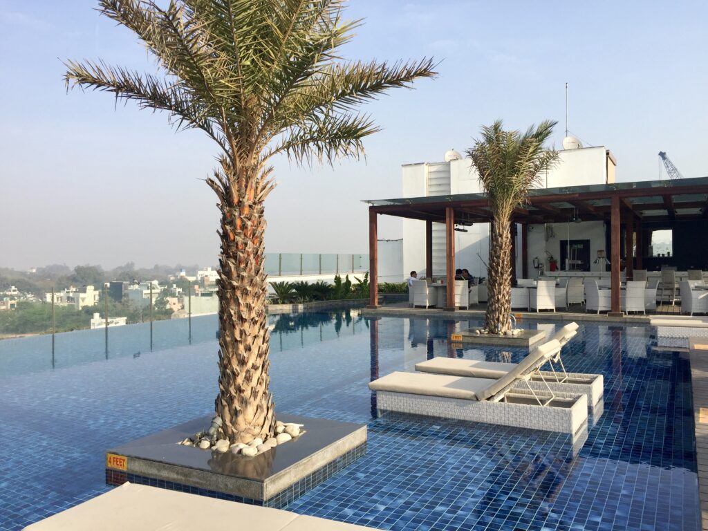 Radisson Blu hotel in Agra India, pool with view of Taj Mahal